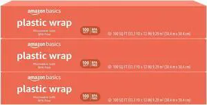 Amazon Basics Plastic Wrap, 300 Sq Ft, Pack of 3, 100 Sq Ft Rolls, Packaging May Vary Amazon Basics Plastic Wrap, 300 Sq Ft, Pack of 3, 100 Sq Ft Rolls, Packaging May Vary