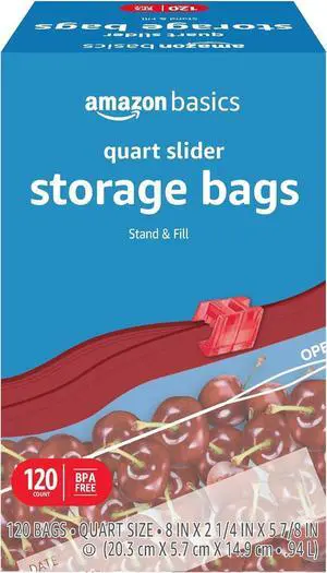 Amazon Basics Slider Quart Food Storage Bags with Stand-Up Bottom, Easy to Fill, BPA Free, 120 Count (Previously Solimo) Amazon Basics Slider Quart Food Storage Bags with Stand-Up Bottom, Easy to Fill, BPA Free, 120 Count (Previously Solimo)