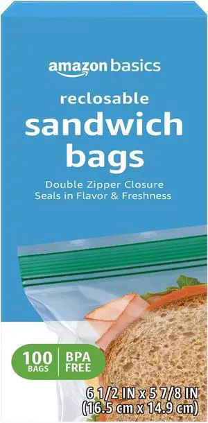 Amazon Basics Reclosable Double Zipper Sandwich Storage Bags for Food Storage, BPA Free, 100 Count Amazon Basics Reclosable Double Zipper Sandwich Storage Bags for Food Storage, BPA Free, 100 Count