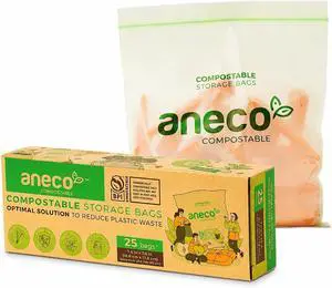 ANECO 100% Compostable Food Storage Bags, Quart Size, 25 Bags ANECO 100% Compostable Food Storage Bags, Quart Size, 25 Bags