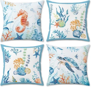 Coastal Pillow Covers 18 x 18 Inch Ocean Beach Themed Sea Turtle Seahorse Starfish Sea Life Summer Farmhouse Decorative Pillows Case for Outdoor Couch Sofa Bed Home Decor Set of 4 Coastal Pillow Covers 18 x 18 Inch Ocean Beach Themed Sea Turtle Seahorse Starfish Sea Life Summer Farmhouse Decorative Pillows Case for Outdoor Couch Sofa Bed Home Decor Set of 4