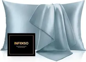 Mulberry Silk Pillow Cases Standard Size with Zipper, Airy Blue Mulberry Silk Pillow Cases Standard Size with Zipper, Airy Blue