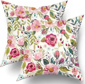 Spring Summer Flower Throw Pillow Covers 18X18 Inch Watercolor Peony Pillowcase Hot Pink Floral with Green Leaves Girly Decorative Square Cotton Cushion Cover Set of 2 for Home Garden Outdoor Bed Spring Summer Flower Throw Pillow Covers 18X18 Inch Watercolor Peony Pillowcase Hot Pink Floral with Green Leaves Girly Decorative Square Cotton Cushion Cover Set of 2 for Home Garden Outdoor Bed