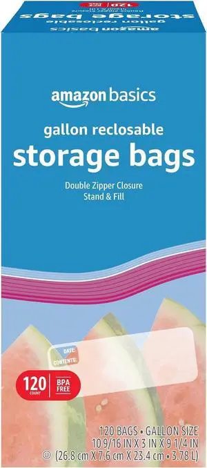 Amazon Basics Reclosable Gallon Food Storage Bags with Double Zipper Seal, Stand and Fill Base, BPA Free, 120 Count Amazon Basics Reclosable Gallon Food Storage Bags with Double Zipper Seal, Stand and Fill Base, BPA Free, 120 Count