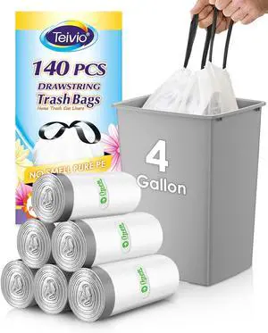 4 Gallon 140 Counts Strong Drawstring Trash Bags Garbage Bags by Teivio, Bathroom Trash Can Bin Liners, Small Plastic Bags for home office kitchen, White 4 Gallon 140 Counts Strong Drawstring Trash Bags Garbage Bags by Teivio, Bathroom Trash Can Bin Liners, Small Plastic Bags for home office kitchen, White