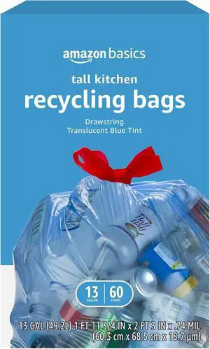Amazon Basics Blue Recycling Drawstring Trash Bags, Tall Kitchen, Unscented, 13 Gallon, 60 Count Amazon Basics Blue Recycling Drawstring Trash Bags, Tall Kitchen, Unscented, 13 Gallon, 60 Count