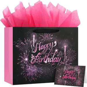 BeiLaad Pink Birthday Gift Bag with Tissue Paper and Greeting Card, 12.6 Happy Birthday Gift Bags for Party, Fireworks Design Gift Wrap Bags Decor for Men, Women and Kids, 1 PCS, Medium Size BeiLaad Pink Birthday Gift Bag with Tissue Paper and Greeting Card, 12.6 Happy Birthday Gift Bags for Party, Fireworks Design Gift Wrap Bags Decor for Men, Women and Kids, 1 PCS, Medium Size