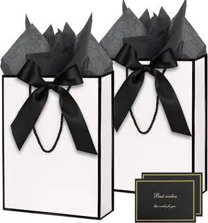 ZJHiome Gift Bags for Presents, 2 Pack Medium Paper Bags with Bow Ribbon Tissue Paper Cards Thank You Gift Bag with Handles for Christmas Holiday Birthday Shopping Bags(Black,White) ZJHiome Gift Bags for Presents, 2 Pack Medium Paper Bags with Bow Ribbon Tissue Paper Cards Thank You Gift Bag with Handles for Christmas Holiday Birthday Shopping Bags(Black,White)