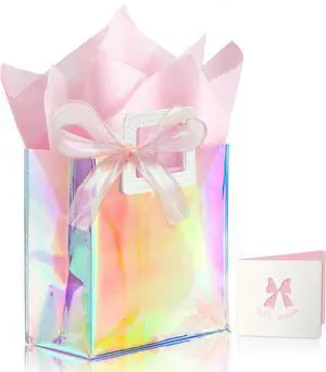 KeerxunBag 1 Pack Holographic Gift Bags with Handles & 2 Tissue Paper Sheets Iridescent Transparent Reusable Bags for Women, Girls, Birthdays, WeddingsPink Gift Bag KeerxunBag 1 Pack Holographic Gift Bags with Handles & 2 Tissue Paper Sheets Iridescent Transparent Reusable Bags for Women, Girls, Birthdays, WeddingsPink Gift Bag