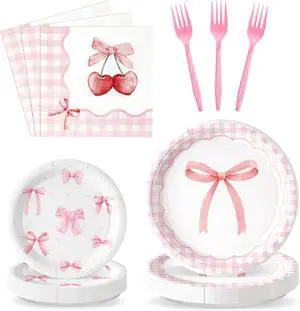 96Pcs Pink Bow Coquette Cute Party Plates Supplies - Party Tableware Decorations Disposable Paper Plates Napkins Forks for Birthday Bachelorette Bridal Engagement, Serves 24 96Pcs Pink Bow Coquette Cute Party Plates Supplies - Party Tableware Decorations Disposable Paper Plates Napkins Forks for Birthday Bachelorette Bridal Engagement, Serves 24