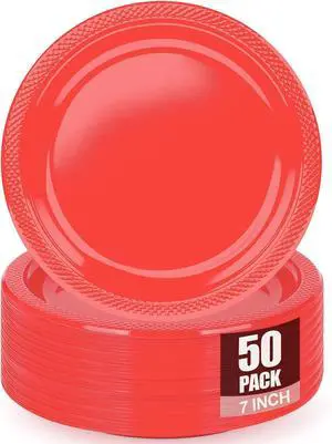 Red Plastic Plates for Party - 50 Guest 7" Dessert Plates - Disposable Plastic Tableware for Birthday,BBQ,Christmas Red Plastic Plates for Party - 50 Guest 7" Dessert Plates - Disposable Plastic Tableware for Birthday,BBQ,Christmas