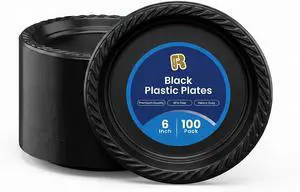 R-kay 100 Pack 6 Inch Black Plastic Plates Disposable - Heavy Duty Black Dessert Plates Disposable - Microwavable Small Disposable Plastic Plates R-kay 100 Pack 6 Inch Black Plastic Plates Disposable - Heavy Duty Black Dessert Plates Disposable - Microwavable Small Disposable Plastic Plates