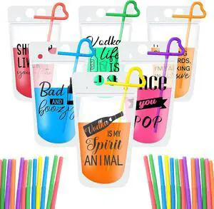 48pc Drink Pouches with Straws, Stand-Up Plastic Drink Pouches for Adults 48pc Drink Pouches with Straws, Stand-Up Plastic Drink Pouches for Adults