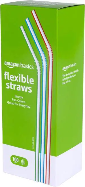 Amazon Basics Disposable Striped Plastic Flex Straws, BPA Free, Food-Safe, 7.5" Long, Assorted Colors, 100 Count Amazon Basics Disposable Striped Plastic Flex Straws, BPA Free, Food-Safe, 7.5" Long, Assorted Colors, 100 Count