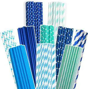 Blue Paper Straws 150pcs Disposable Bulk(10 Pattern) qiqee Blue Paper Straws 150pcs Disposable Bulk(10 Pattern) qiqee