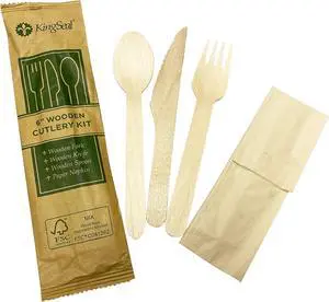 25 Count | KingSeal FSC Certified Disposable Wood Cutlery Kits, Bulk Pack, Sustainably Sourced - Spoon, Fork, Knife with Bleach-Free Napkin - 1 Bag of 25 Sets 25 Count | KingSeal FSC Certified Disposable Wood Cutlery Kits, Bulk Pack, Sustainably Sourced - Spoon, Fork, Knife with Bleach-Free Napkin - 1 Bag of 25 Sets