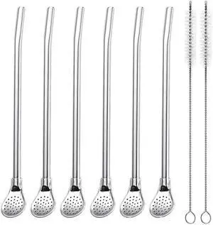 Reusable Stainless Steel Drinking Straws with Filter Spoon 6 Pieces Yerba Mate Tea Bombilla Drinking Straws with 2 Pieces Cleaning Brushes Set, 7.1inch Long Reusable Stainless Steel Drinking Straws with Filter Spoon 6 Pieces Yerba Mate Tea Bombilla Drinking Straws with 2 Pieces Cleaning Brushes Set, 7.1inch Long