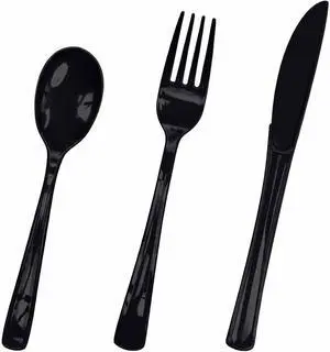 HEIPINIUYE 75 Pack Black Plastic Cutlery Heavy Duty Black Plastic Knives Forks and Spoons Disposable Silverware Set for 25 Guest Birthday Halloween Baby Shower Party Cutlery Set HEIPINIUYE 75 Pack Black Plastic Cutlery Heavy Duty Black Plastic Knives Forks and Spoons Disposable Silverware Set for 25 Guest Birthday Halloween Baby Shower Party Cutlery Set