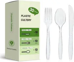 Plastic Silverware Set, 30-Piece Disposable Plastic Utensils for Parties, Clear Cutlery, Plasticware Forks, Spoons, Knives Plastic Silverware Set, 30-Piece Disposable Plastic Utensils for Parties, Clear Cutlery, Plasticware Forks, Spoons, Knives