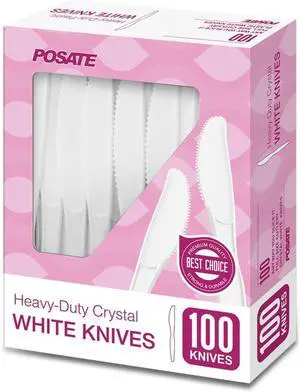 POSATE White Plastic Knives Heavy Duty, Disposable Silverware 100 Count POSATE White Plastic Knives Heavy Duty, Disposable Silverware 100 Count