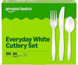 Amazon Basics Disposable Everyday White Assorted Cutlery Set, 192 Count, Combo Pack, Forks, Spoons, and Knives Amazon Basics Disposable Everyday White Assorted Cutlery Set, 192 Count, Combo Pack, Forks, Spoons, and Knives
