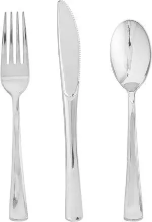 FOCUSLINE 75 Pack Silver Plastic Silverware, Disposable Cutlery Set FOCUSLINE 75 Pack Silver Plastic Silverware, Disposable Cutlery Set