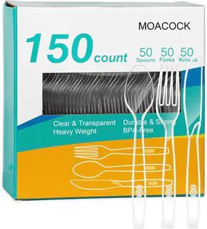 MOACOCK 150 Pcs Clear Plastic Silverware - 50 Forks, 50 Spoons, 50 Knives MOACOCK 150 Pcs Clear Plastic Silverware - 50 Forks, 50 Spoons, 50 Knives