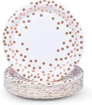 MATICAN Party Paper Plates, 50-Pack Disposable White and Rose Gold Plates, Foil Polka Dots, 9-Inch MATICAN Party Paper Plates, 50-Pack Disposable White and Rose Gold Plates, Foil Polka Dots, 9-Inch