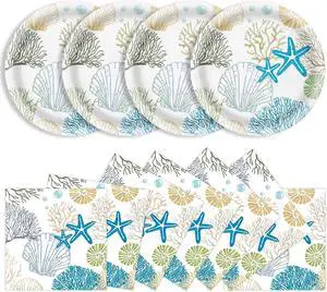40 Pcs Ocean Seashell Plates and Napkins Party Supplies, Coastal Beach Paper Plates Napkins Starfish Coral Disposable Tableware Set for Summer Birthday Baby Shower Beach Party Decorations (Ocean) 40 Pcs Ocean Seashell Plates and Napkins Party Supplies, Coastal Beach Paper Plates Napkins Starfish Coral Disposable Tableware Set for Summer Birthday Baby Shower Beach Party Decorations (Ocean)