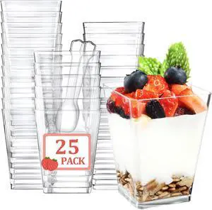 Eupako 25 Pack 5 OZ Plastic Mini Dessert Cups with Spoons - Clear Small Parfait Cups, Square Appetizer Cups for Fruit, Pudding, Mousse, Ice Cream, Party, Wedding, Valentine's Day Eupako 25 Pack 5 OZ Plastic Mini Dessert Cups with Spoons - Clear Small Parfait Cups, Square Appetizer Cups for Fruit, Pudding, Mousse, Ice Cream, Party, Wedding, Valentine's Day