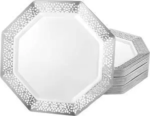 Lillian Tablesettings 7.5" | Silver Lacetagon | Pack of 10 Plastic Plates, 7.25" (34187) Lillian Tablesettings 7.5" | Silver Lacetagon | Pack of 10 Plastic Plates, 7.25" (34187)