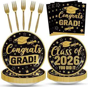 100 Pcs Graduation Party Supplies Set, Serves 25 Disposable Black and Gold Graduation Paper Plates, Napkins, and Forks, Congrats Grad Dinnerware for Class of 2026, Prom Party Decorations 100 Pcs Graduation Party Supplies Set, Serves 25 Disposable Black and Gold Graduation Paper Plates, Napkins, and Forks, Congrats Grad Dinnerware for Class of 2026, Prom Party Decorations