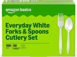 Amazon Basics Disposable Everyday White Forks & Spoons, 100 Count Amazon Basics Disposable Everyday White Forks & Spoons, 100 Count