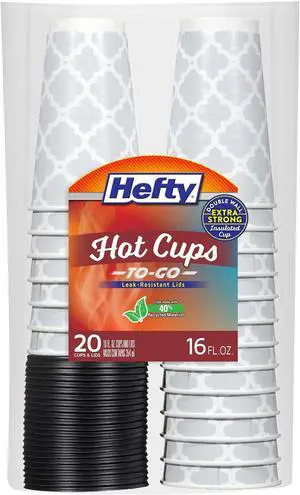 Hefty Disposable Hot Cups with Lids, Insulated Paper Coffee Cups for Tea, Cocoa and Hot Beverages, Leak Resistant Single Use Drink Cups, 16 Ounce, 20 Count Hefty Disposable Hot Cups with Lids, Insulated Paper Coffee Cups for Tea, Cocoa and Hot Beverages, Leak Resistant Single Use Drink Cups, 16 Ounce, 20 Count