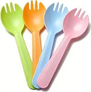 4.3" Mini Disposable Sporks 100ct, Plastic Spork 2-in-1 Utensils, 4 Colors, 25ct Individual Package Per Color - Made by Mavere 4.3" Mini Disposable Sporks 100ct, Plastic Spork 2-in-1 Utensils, 4 Colors, 25ct Individual Package Per Color - Made by Mavere