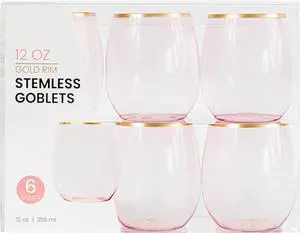 PLASTICPRO 6 Pack Pink With Gold Rim Plastic Wine Glasses Stemless Disposable 12 oz BPA Free Shatterproof Plastic Cups Wine Glasses for Parties PLASTICPRO 6 Pack Pink With Gold Rim Plastic Wine Glasses Stemless Disposable 12 oz BPA Free Shatterproof Plastic Cups Wine Glasses for Parties