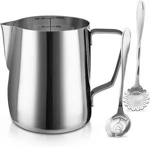 Milk Frothing Pitcher Cup, 12oz/350ML Milk Frother Cup Stainless Steel Steaming Pitcher Milk Jug Coffee Latte Art Cappuccino Espresso Machine Accessories Barista Steam Pitchers Attached Dessert Spoons Milk Frothing Pitcher Cup, 12oz/350ML Milk Frother Cup Stainless Steel Steaming Pitcher Milk Jug Coffee Latte Art Cappuccino Espresso Machine Accessories Barista Steam Pitchers Attached Dessert Spoons
