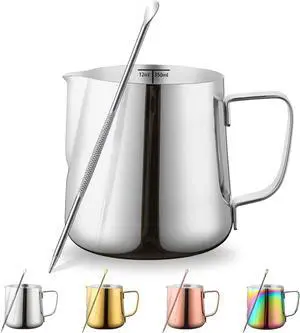 Milk Frothing Pitcher 12oz - 350ml, Kyraton Stainless Steel Espresso Steaming Pitchers with Decorating Pen,Milk Coffee Frother Cups Cappuccino Latte Art Barista Steam Pitchers Milk Jug Cup (Silver) Milk Frothing Pitcher 12oz - 350ml, Kyraton Stainless Steel Espresso Steaming Pitchers with Decorating Pen,Milk Coffee Frother Cups Cappuccino Latte Art Barista Steam Pitchers Milk Jug Cup (Silver)