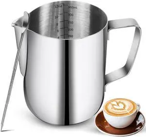 Milk Frothing Pitchers-12oz/350ML Stainless Steel Steaming Pitchers, Scale Coffee/Milk/Cappuccino/Latte Art Barista Steam Pitchers, Milk Jug Cup with Decorating Pen-Silver Milk Frothing Pitchers-12oz/350ML Stainless Steel Steaming Pitchers, Scale Coffee/Milk/Cappuccino/Latte Art Barista Steam Pitchers, Milk Jug Cup with Decorating Pen-Silver