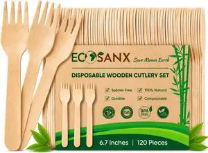 ECOSANX® 120 PCs Wooden forks for eating 6.3" Splinter Free Compostable Forks, Eco-Friendly Wooden Cutlery for Party & Outdoor, Disposable forks for Camping, Events & More ECOSANX® 120 PCs Wooden forks for eating 6.3" Splinter Free Compostable Forks, Eco-Friendly Wooden Cutlery for Party & Outdoor, Disposable forks for Camping, Events & More