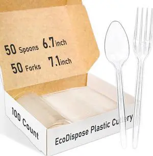 EcoDispose 100 Count Plastic Disposable Cutlery Set, 50 Forks & 50 Spoons EcoDispose 100 Count Plastic Disposable Cutlery Set, 50 Forks & 50 Spoons