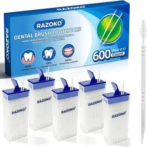 RAZOKO Interdental Plastic Toothpicks,Total 600CT/5 Packs,Unflavored,White RAZOKO Interdental Plastic Toothpicks,Total 600CT/5 Packs,Unflavored,White