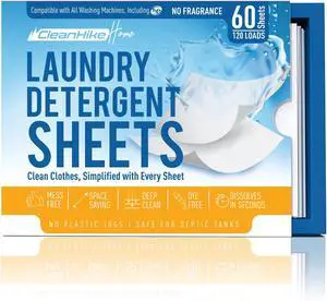 CleanHike Laundry Detergent Sheets Free & Clear, Fragrance Free, 120 Loads CleanHike Laundry Detergent Sheets Free & Clear, Fragrance Free, 120 Loads