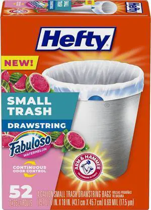 Hefty 4 Gallon Small Trash Bags, White, Fabuloso Watermelon Scent, 52ct Hefty 4 Gallon Small Trash Bags, White, Fabuloso Watermelon Scent, 52ct