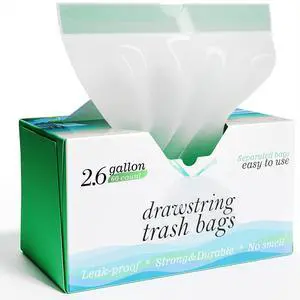2.6 Gallon Drawstring Trash Bags - 0.43 Mil Strong - Small Garbage Bags - for Office Bathroom Kitchen - Individual, Unscented, White, 17" x 17", 60 Count 2.6 Gallon Drawstring Trash Bags - 0.43 Mil Strong - Small Garbage Bags - for Office Bathroom Kitchen - Individual, Unscented, White, 17" x 17", 60 Count