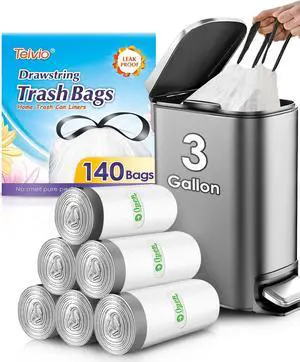 3 Gallon Small 140 Counts Strong Drawstring Trash Bags Garbage Bags by Teivio, Bathroom Trash Can Bin Liners, Plastic Bags for home office kitchen, White 3 Gallon Small 140 Counts Strong Drawstring Trash Bags Garbage Bags by Teivio, Bathroom Trash Can Bin Liners, Plastic Bags for home office kitchen, White