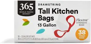365 by Whole Foods Market, Flextra Strength Drawstring Tall Kitchen Trash Bags, 13 Gallon, 38 Count 365 by Whole Foods Market, Flextra Strength Drawstring Tall Kitchen Trash Bags, 13 Gallon, 38 Count