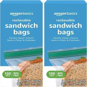 Amazon Basics Reclosable Double Zipper Sandwich Storage Bags for Food Storage, BPA Free, 100 Count (Pack of 2) Amazon Basics Reclosable Double Zipper Sandwich Storage Bags for Food Storage, BPA Free, 100 Count (Pack of 2)