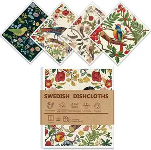 Swedish DishclothsReusable Paper Towels for Kitchen, 4 Pack, Birds Flowers Swedish DishclothsReusable Paper Towels for Kitchen, 4 Pack, Birds Flowers