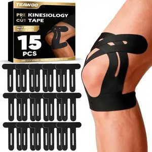 PreCut Kinesiology Tape for Knees, 15PCS Black Extra Adhesive Athletic Tape PreCut Kinesiology Tape for Knees, 15PCS Black Extra Adhesive Athletic Tape